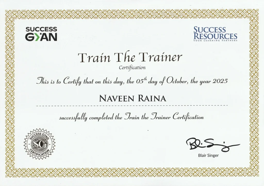 Success Gyan, Train The Trainer, Dr Naveen Raina, October 2025, Blair Singer
